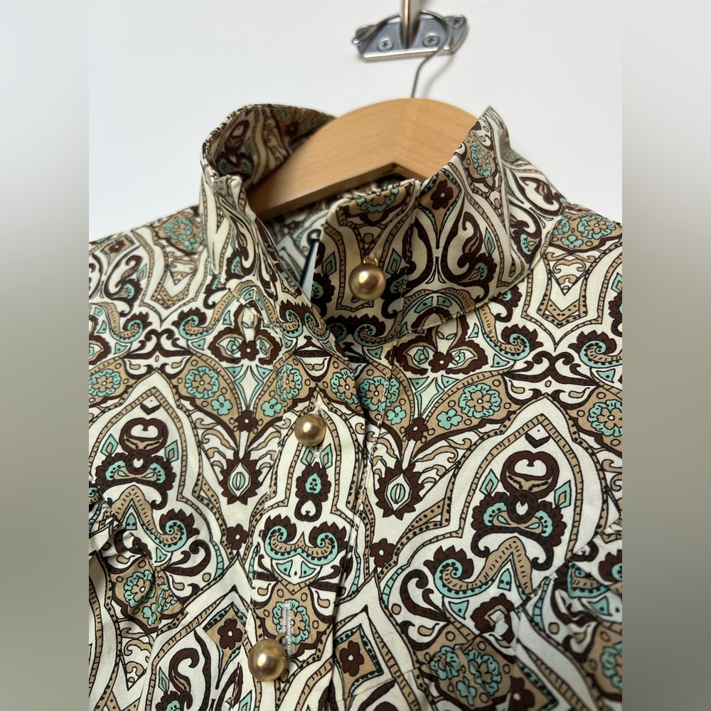 Tuckernuck Paisley Print Cotton Blouse XS Brown Teal High Neck Button